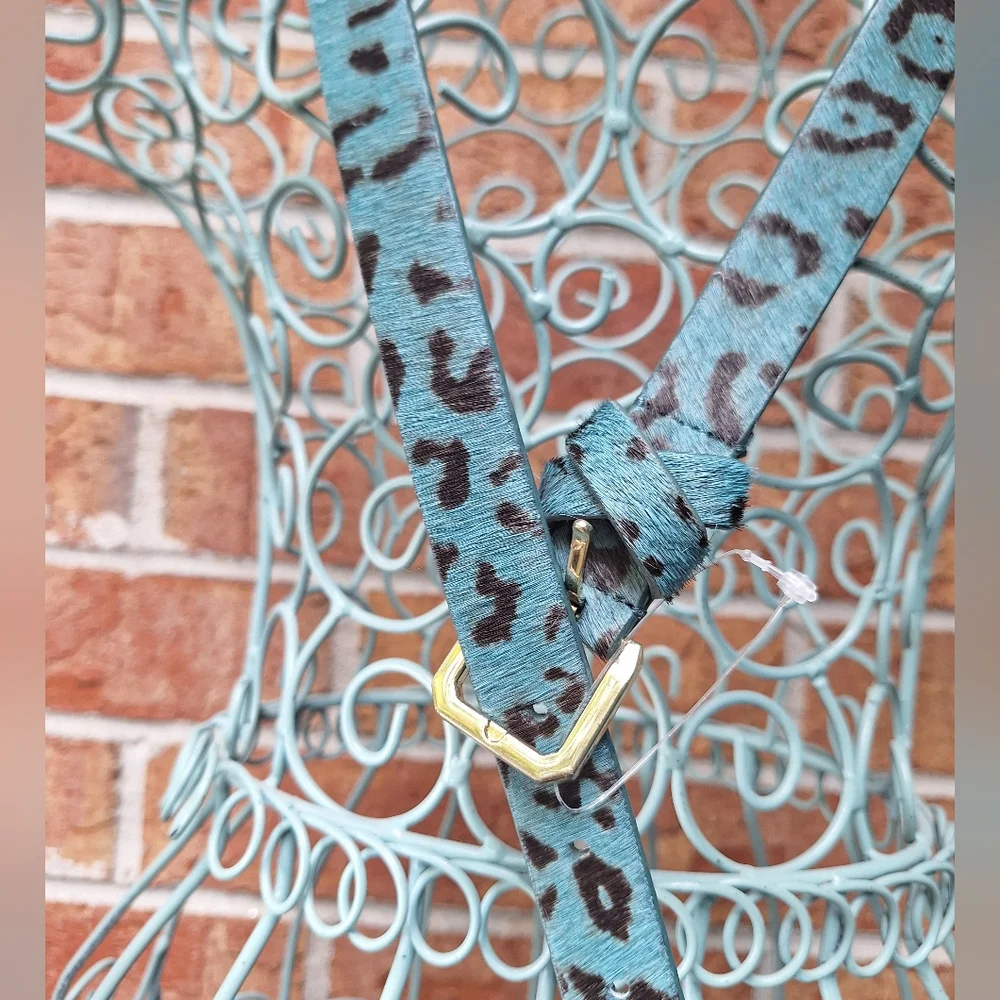Genuine Leather Belt TEAL Leopard Animal Print Cow Fur Thin Womens
